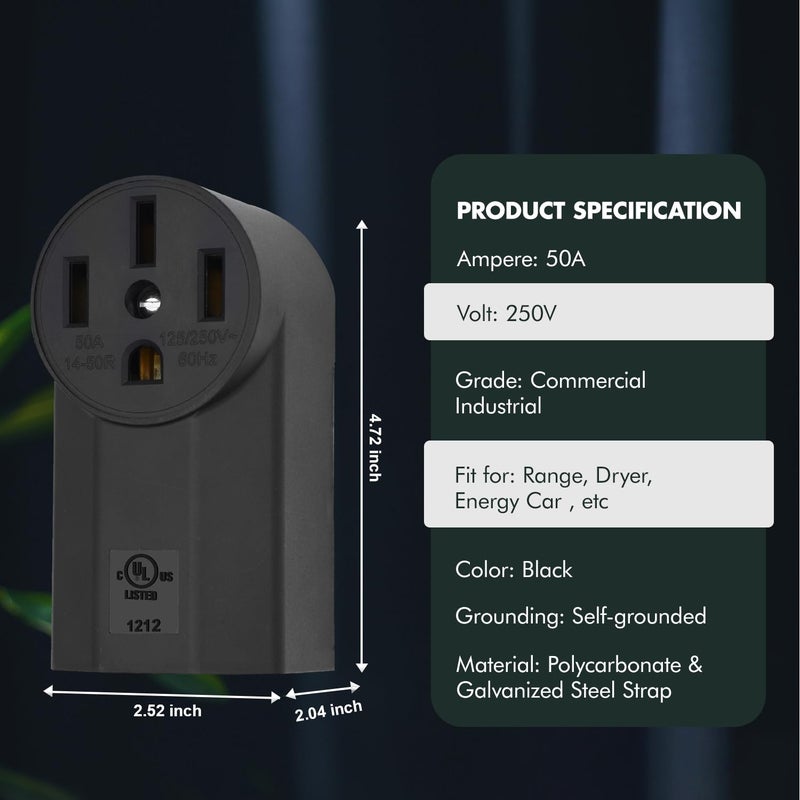 VAV NEMA 14-50R 50 Amp Heavy Duty Outlet, 3-Pole 4-Wire Surface Mount Power Receptacle, UL Certiied, 125/250 Volt Black Stove Outlet, for EV RV Oven Range - Image 5